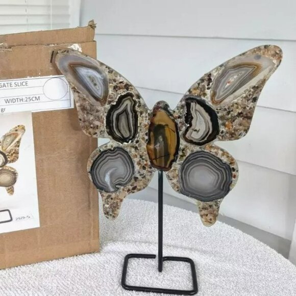 Maripose Sliced Agate Stone Butterfly on Stand Display - 12" - Picture 6 of 6